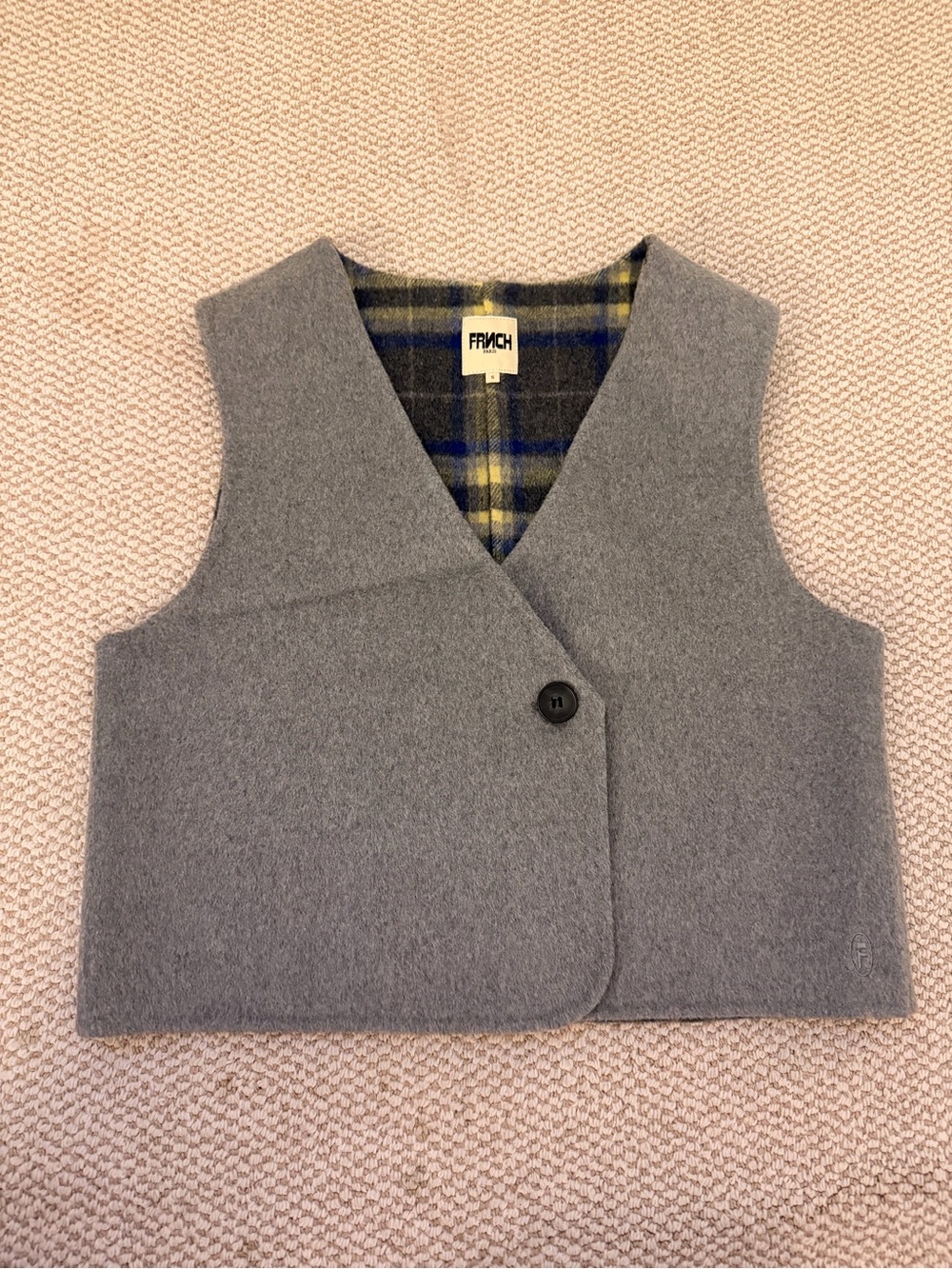 FRNCH Gray Wool Cropped Vest with Plaid Lining